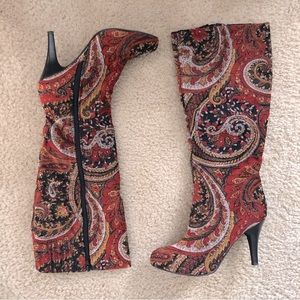 DIBA Paisley Tapestry Knee-High Almond-Toe Stiletto Heeled Boots 7.5M